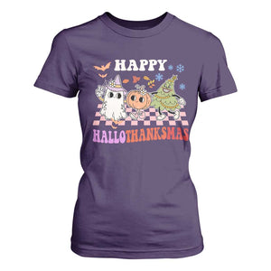 Happy HalloThanksMas T Shirt For Women Halloween Thanksgiving Christmas Retro Groovy Cute TS02 Purple Print Your Wear
