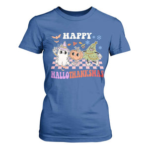 Happy HalloThanksMas T Shirt For Women Halloween Thanksgiving Christmas Retro Groovy Cute TS02 Royal Blue Print Your Wear
