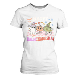 Happy HalloThanksMas T Shirt For Women Halloween Thanksgiving Christmas Retro Groovy Cute TS02 White Print Your Wear