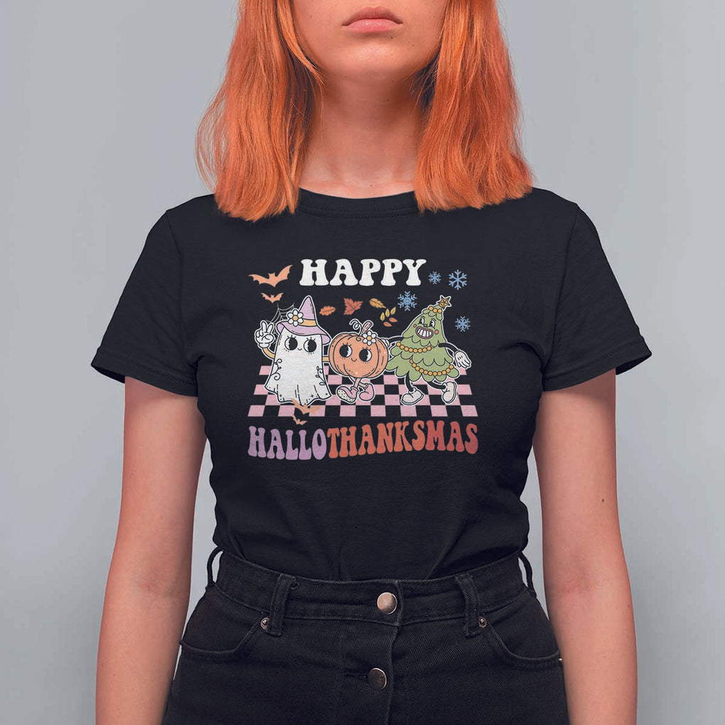 Happy HalloThanksMas T Shirt For Women Halloween Thanksgiving Christmas Groovy TS02 Black Print Your Wear
