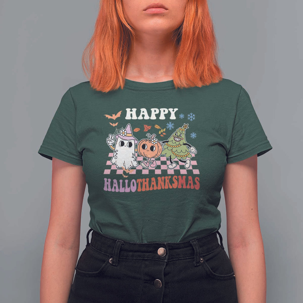 Happy HalloThanksMas T Shirt For Women Halloween Thanksgiving Christmas Groovy TS02 Dark Forest Green Print Your Wear