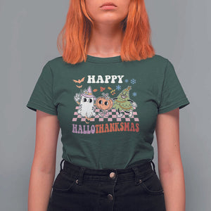 Happy HalloThanksMas T Shirt For Women Halloween Thanksgiving Christmas Groovy TS02 Dark Forest Green Print Your Wear