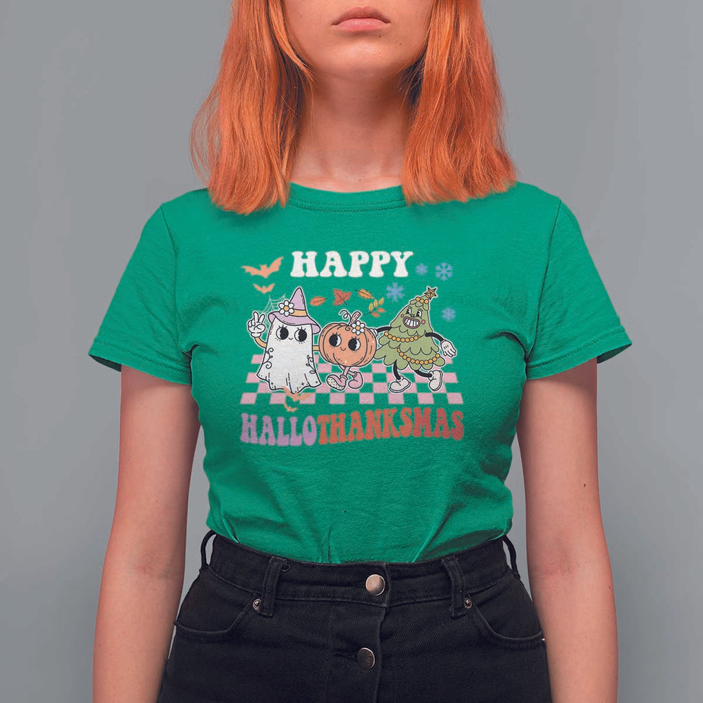 Happy HalloThanksMas T Shirt For Women Halloween Thanksgiving Christmas Groovy TS02 Irish Green Print Your Wear