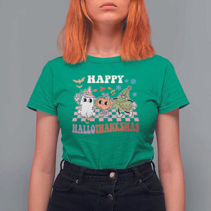 Happy HalloThanksMas T Shirt For Women Halloween Thanksgiving Christmas Groovy TS02 Irish Green Print Your Wear