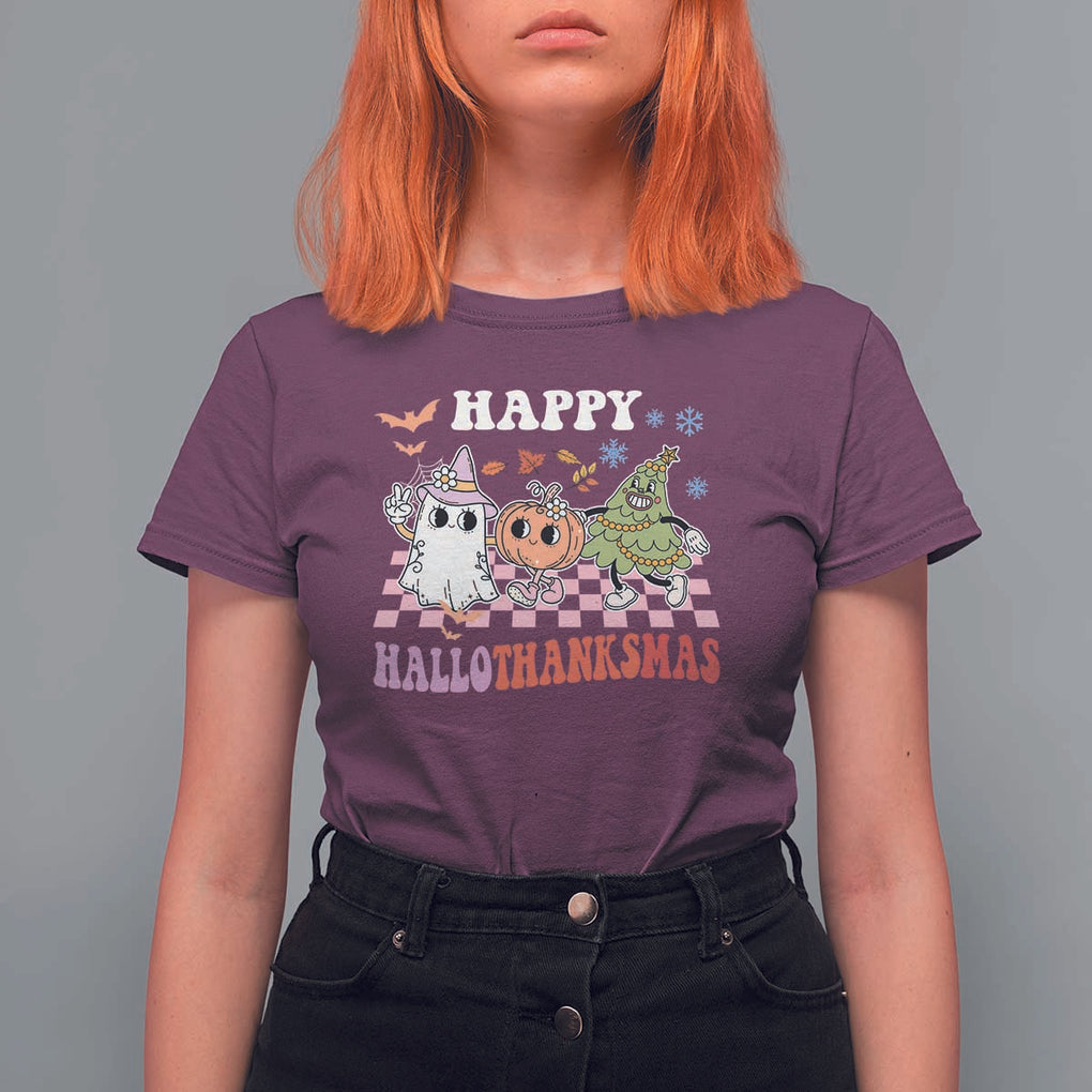 Happy HalloThanksMas T Shirt For Women Halloween Thanksgiving Christmas Groovy TS02 Maroon Print Your Wear