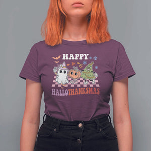 Happy HalloThanksMas T Shirt For Women Halloween Thanksgiving Christmas Groovy TS02 Maroon Print Your Wear