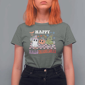 Happy HalloThanksMas T Shirt For Women Halloween Thanksgiving Christmas Groovy TS02 Military Green Print Your Wear