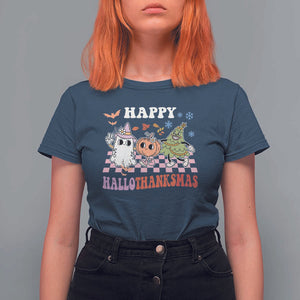 Happy HalloThanksMas T Shirt For Women Halloween Thanksgiving Christmas Groovy TS02 Navy Print Your Wear
