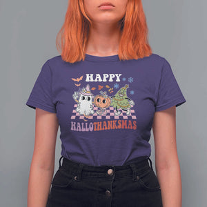 Happy HalloThanksMas T Shirt For Women Halloween Thanksgiving Christmas Groovy TS02 Purple Print Your Wear