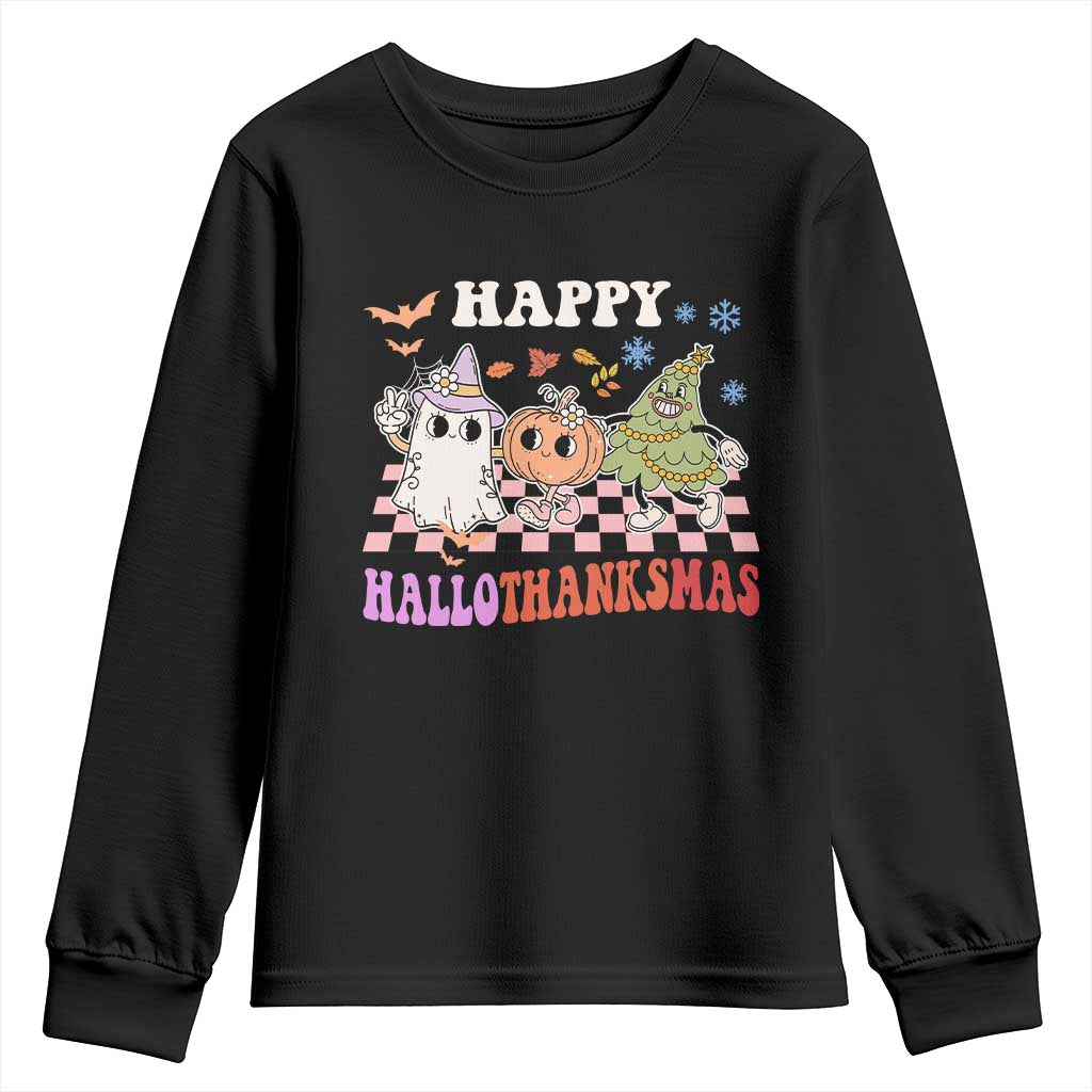 Happy HalloThanksMas Youth Sweatshirt Halloween Thanksgiving Christmas Retro Groovy Cute TS02 Black Print Your Wear