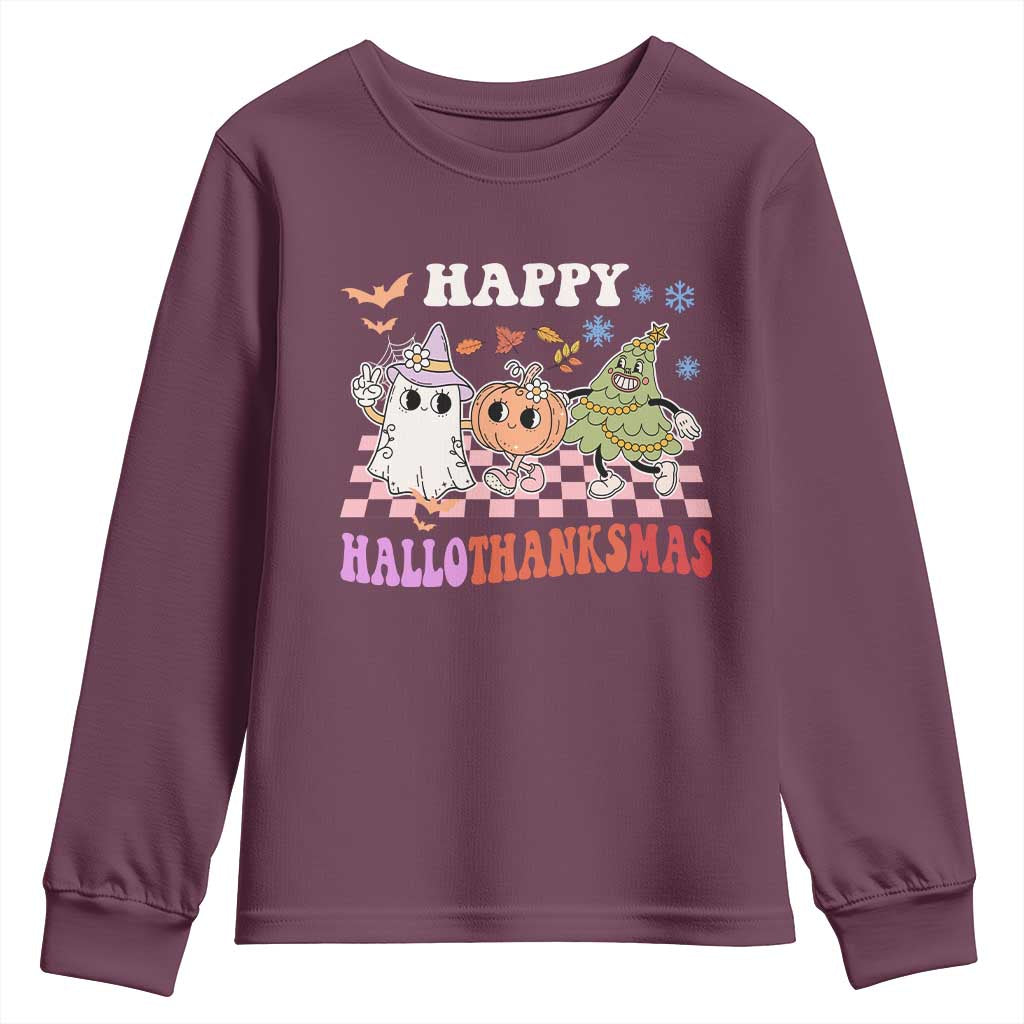 Happy HalloThanksMas Youth Sweatshirt Halloween Thanksgiving Christmas Retro Groovy Cute TS02 Maroon Print Your Wear