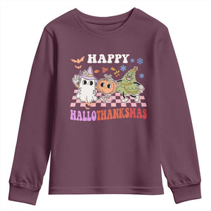 Happy HalloThanksMas Youth Sweatshirt Halloween Thanksgiving Christmas Retro Groovy Cute TS02 Maroon Print Your Wear
