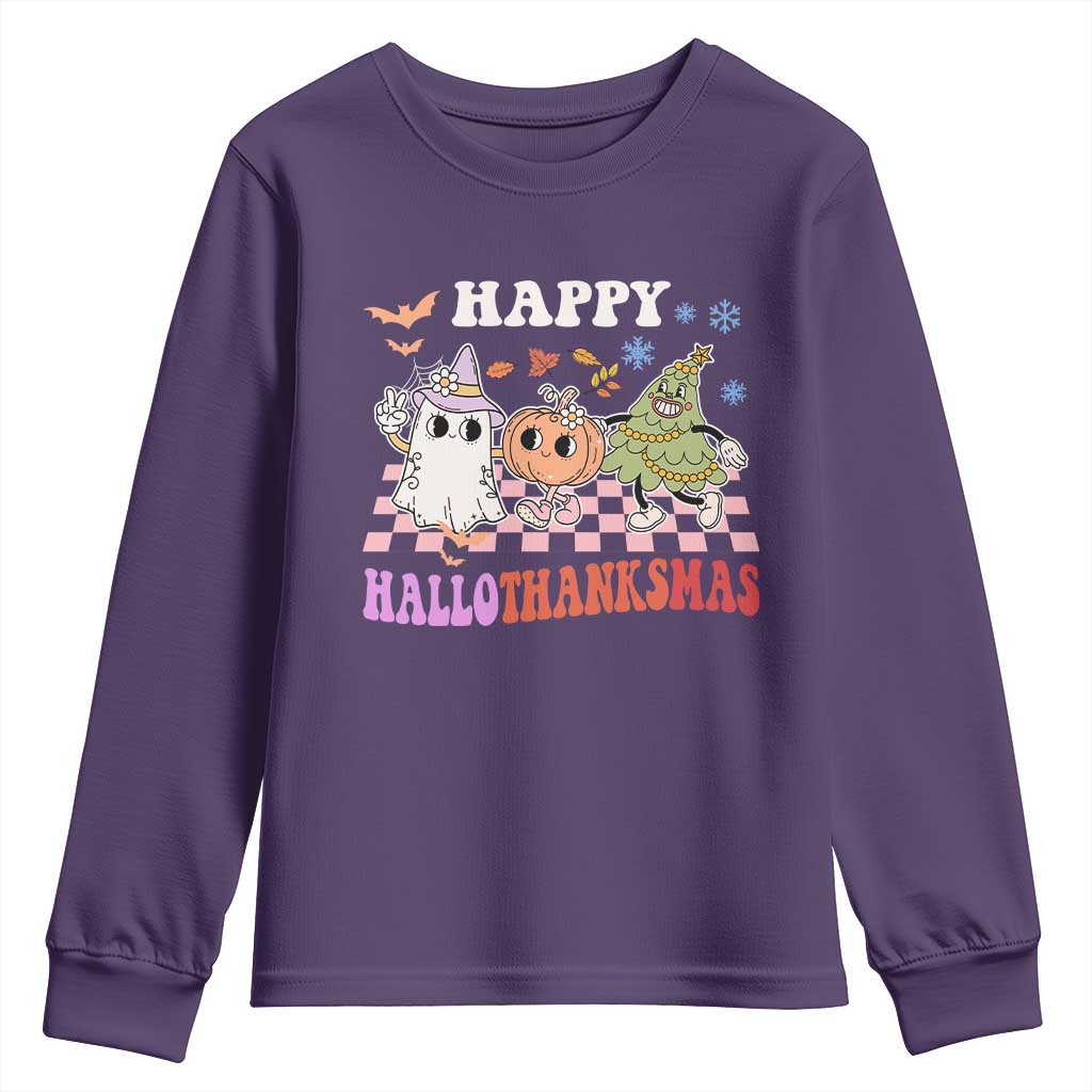 Happy HalloThanksMas Youth Sweatshirt Halloween Thanksgiving Christmas Retro Groovy Cute TS02 Purple Print Your Wear