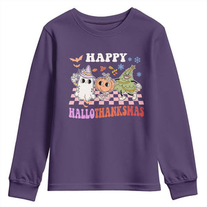 Happy HalloThanksMas Youth Sweatshirt Halloween Thanksgiving Christmas Retro Groovy Cute TS02 Purple Print Your Wear