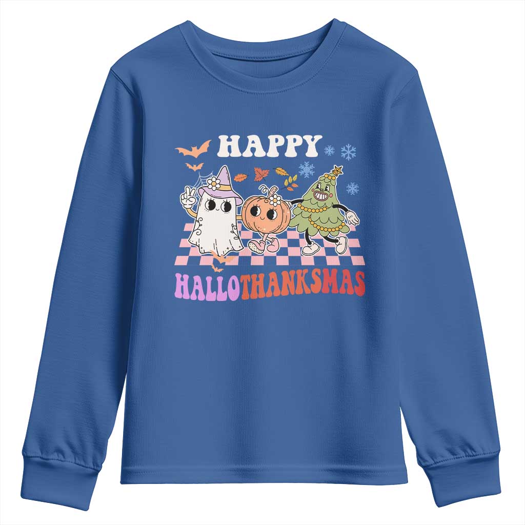 Happy HalloThanksMas Youth Sweatshirt Halloween Thanksgiving Christmas Retro Groovy Cute TS02 Royal Blue Print Your Wear