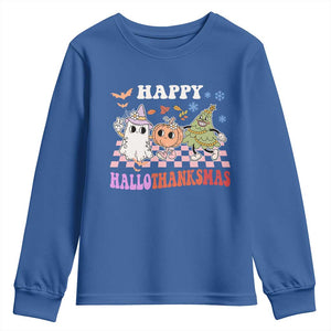 Happy HalloThanksMas Youth Sweatshirt Halloween Thanksgiving Christmas Retro Groovy Cute TS02 Royal Blue Print Your Wear