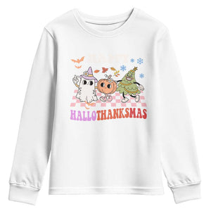 Happy HalloThanksMas Youth Sweatshirt Halloween Thanksgiving Christmas Retro Groovy Cute TS02 White Print Your Wear