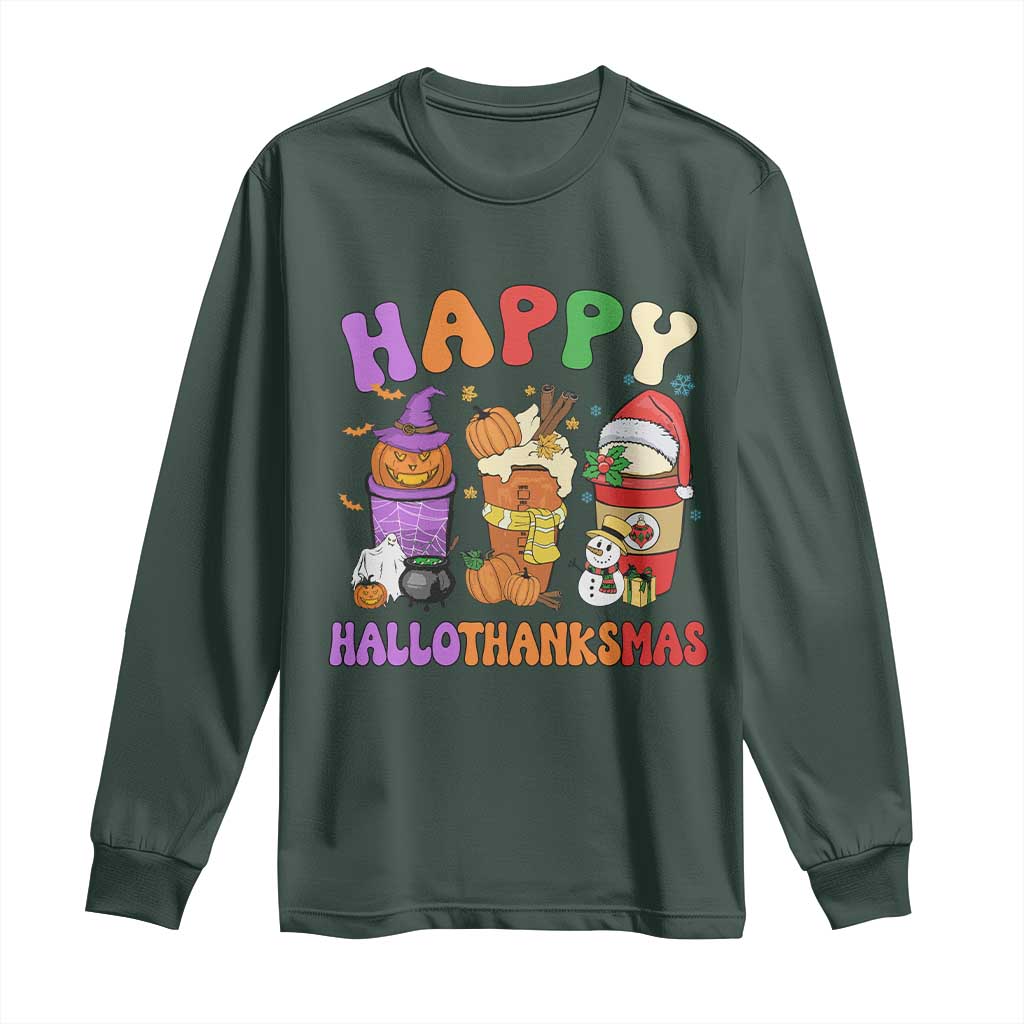 Happy HalloThanksMas Latte Long Sleeve Shirt Halloween Thanksgiving Christmas TS02 Dark Forest Green Print Your Wear