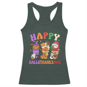 Happy HalloThanksMas Latte Racerback Tank Top Halloween Thanksgiving Christmas TS02 Dark Forest Green Print Your Wear