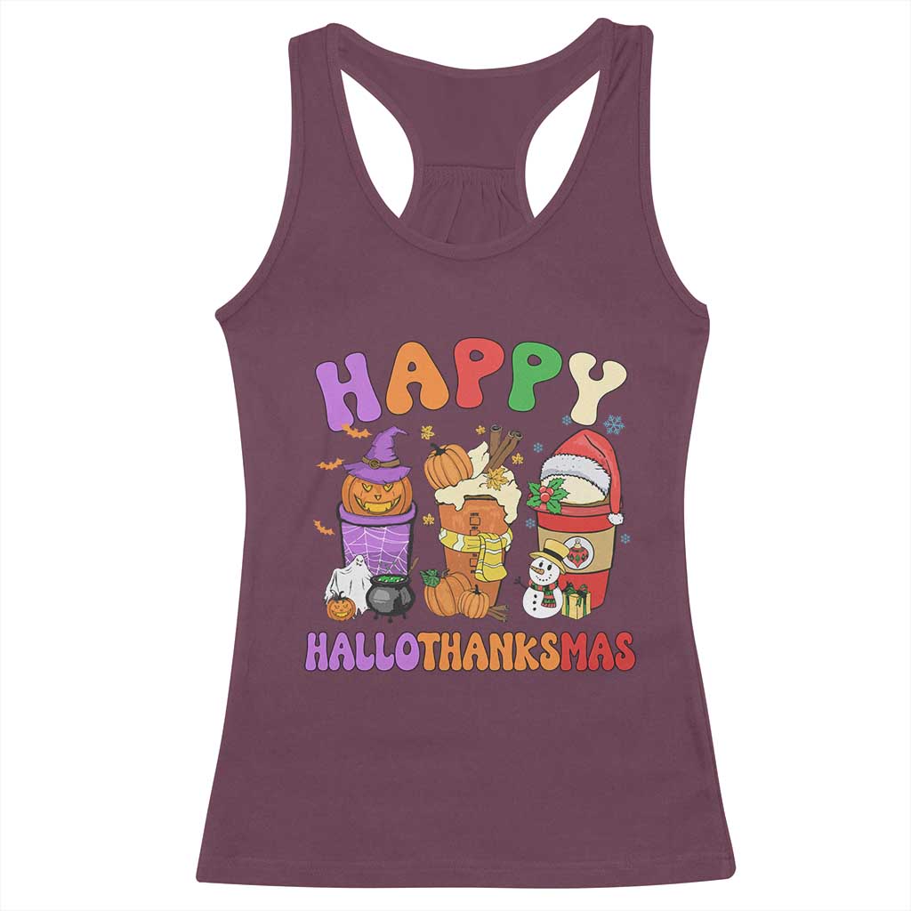 Happy HalloThanksMas Latte Racerback Tank Top Halloween Thanksgiving Christmas TS02 Maroon Print Your Wear