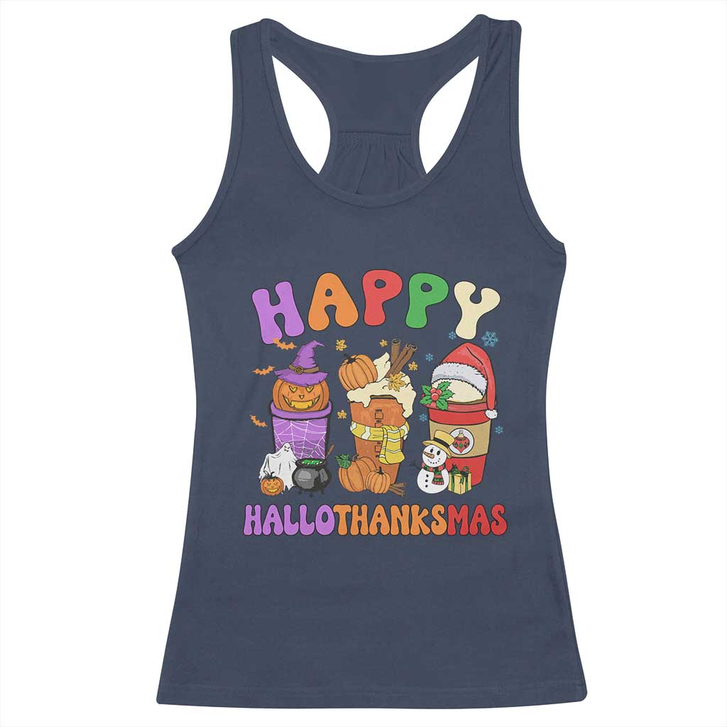 Happy HalloThanksMas Latte Racerback Tank Top Halloween Thanksgiving Christmas TS02 Navy Print Your Wear