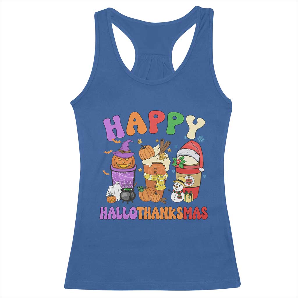 Happy HalloThanksMas Latte Racerback Tank Top Halloween Thanksgiving Christmas TS02 Royal Blue Print Your Wear
