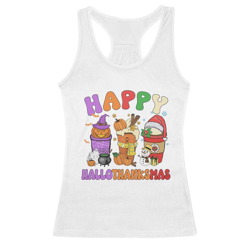 Happy HalloThanksMas Latte Racerback Tank Top Halloween Thanksgiving Christmas TS02 White Print Your Wear