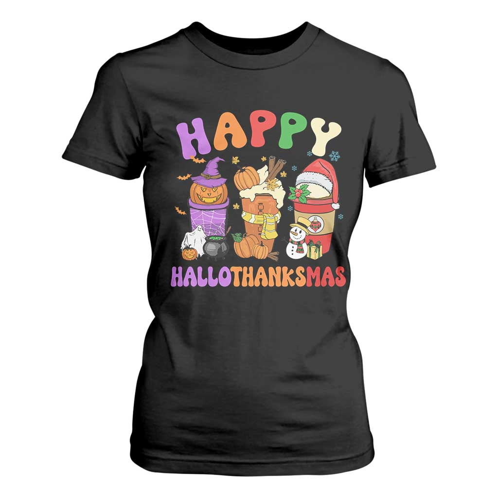 Happy HalloThanksMas Latte T Shirt For Women Halloween Thanksgiving Christmas TS02 Black Print Your Wear