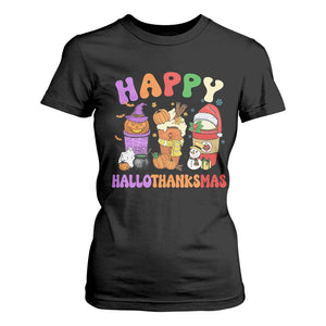 Happy HalloThanksMas Latte T Shirt For Women Halloween Thanksgiving Christmas TS02 Black Print Your Wear