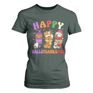 Happy HalloThanksMas Latte T Shirt For Women Halloween Thanksgiving Christmas TS02 Dark Forest Green Print Your Wear