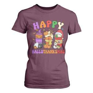 Happy HalloThanksMas Latte T Shirt For Women Halloween Thanksgiving Christmas TS02 Maroon Print Your Wear