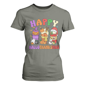 Happy HalloThanksMas Latte T Shirt For Women Halloween Thanksgiving Christmas TS02 Military Green Print Your Wear