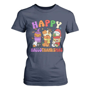 Happy HalloThanksMas Latte T Shirt For Women Halloween Thanksgiving Christmas TS02 Navy Print Your Wear