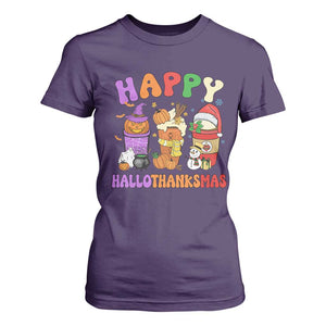 Happy HalloThanksMas Latte T Shirt For Women Halloween Thanksgiving Christmas TS02 Purple Print Your Wear