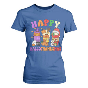 Happy HalloThanksMas Latte T Shirt For Women Halloween Thanksgiving Christmas TS02 Royal Blue Print Your Wear