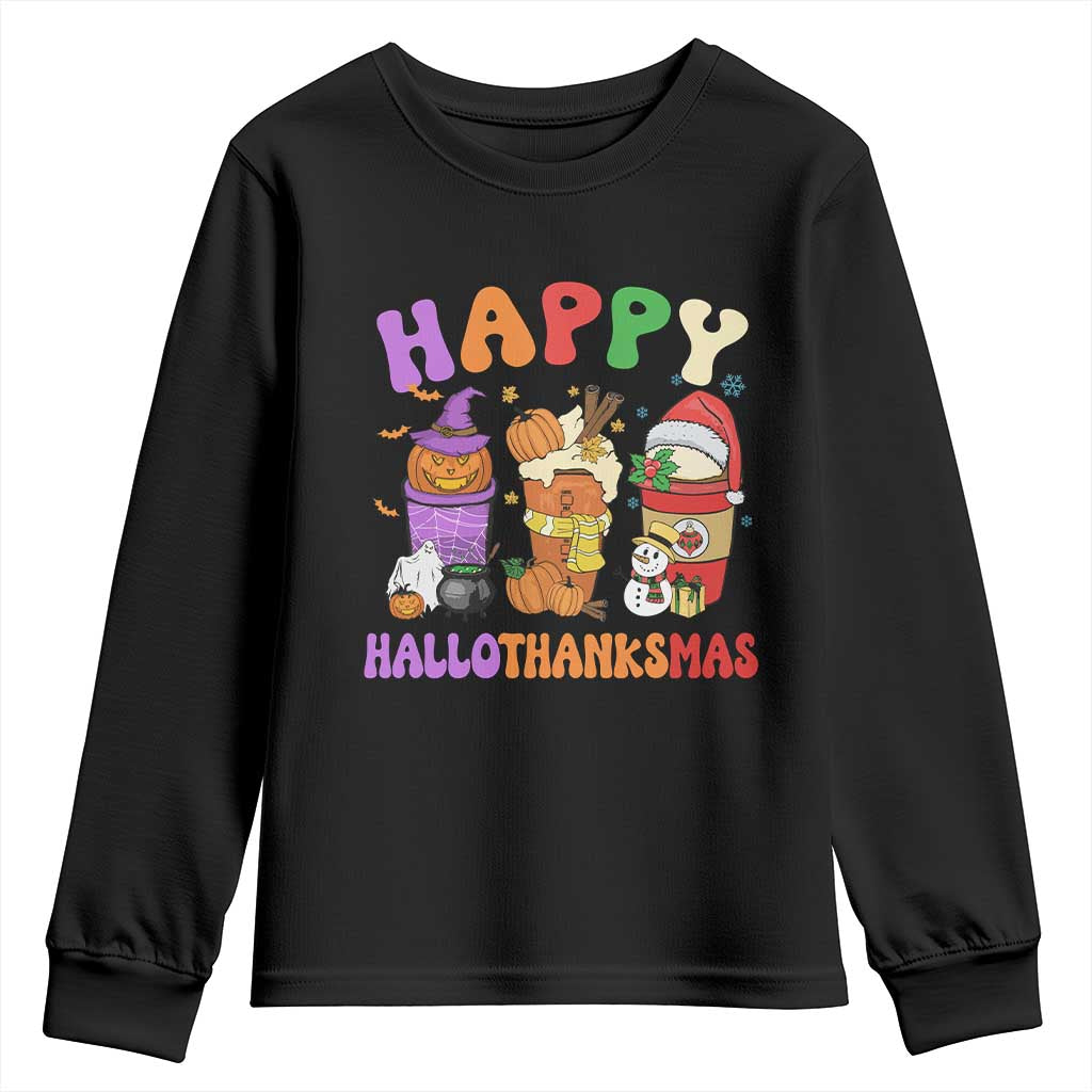 Happy HalloThanksMas Latte Youth Sweatshirt Halloween Thanksgiving Christmas TS02 Black Print Your Wear