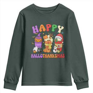 Happy HalloThanksMas Latte Youth Sweatshirt Halloween Thanksgiving Christmas TS02 Dark Forest Green Print Your Wear