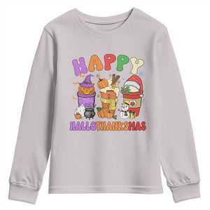 Happy HalloThanksMas Latte Youth Sweatshirt Halloween Thanksgiving Christmas TS02 Ice Gray Print Your Wear