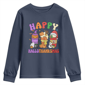 Happy HalloThanksMas Latte Youth Sweatshirt Halloween Thanksgiving Christmas TS02 Navy Print Your Wear
