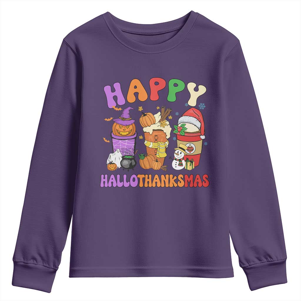 Happy HalloThanksMas Latte Youth Sweatshirt Halloween Thanksgiving Christmas TS02 Purple Print Your Wear