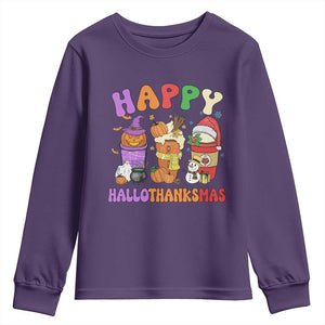 Happy HalloThanksMas Latte Youth Sweatshirt Halloween Thanksgiving Christmas TS02 Purple Print Your Wear