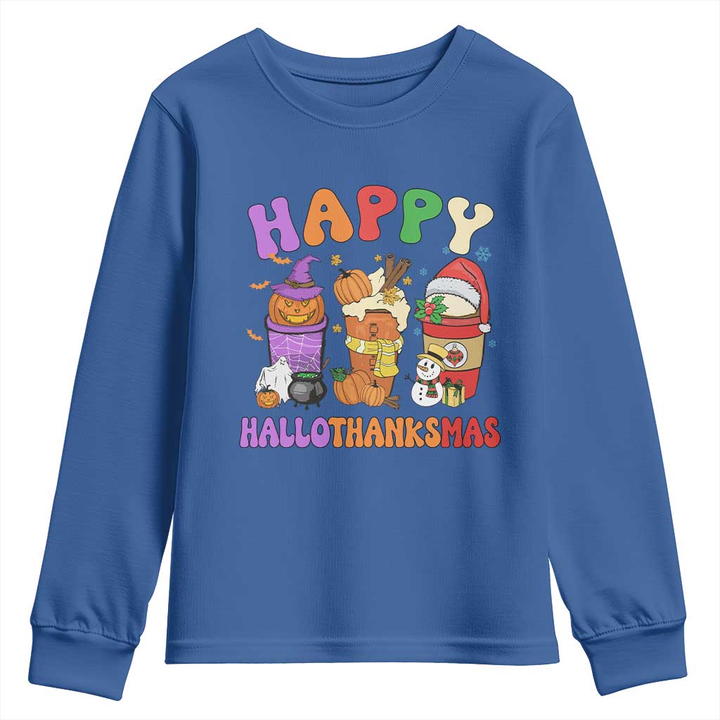 Happy HalloThanksMas Latte Youth Sweatshirt Halloween Thanksgiving Christmas TS02 Royal Blue Print Your Wear