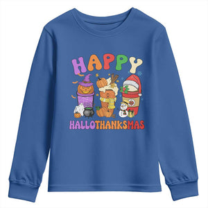 Happy HalloThanksMas Latte Youth Sweatshirt Halloween Thanksgiving Christmas TS02 Royal Blue Print Your Wear