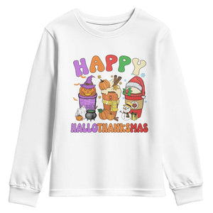 Happy HalloThanksMas Latte Youth Sweatshirt Halloween Thanksgiving Christmas TS02 White Print Your Wear