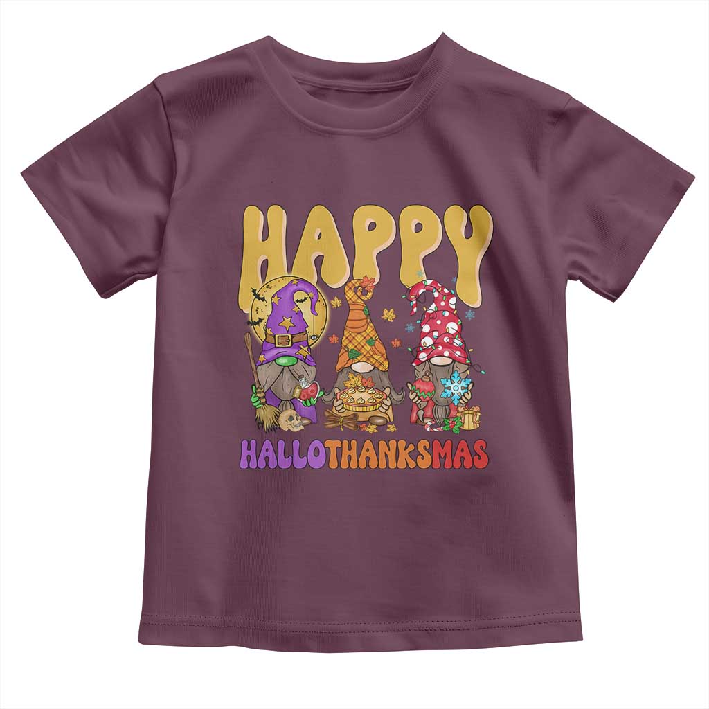 Happy HalloThanksMas Gnomes Baby Shirt Halloween Thanksgiving Christmas TS02 Maroon Print Your Wear