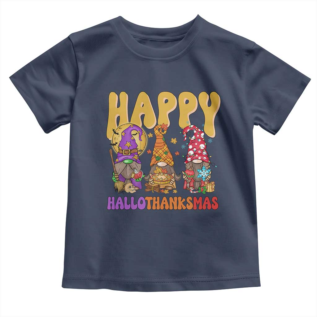 Happy HalloThanksMas Gnomes Baby Shirt Halloween Thanksgiving Christmas TS02 Navy Print Your Wear