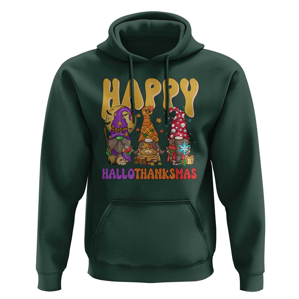 Happy HalloThanksMas Gnomes Hoodie Halloween Thanksgiving Christmas TS02 Dark Forest Green Print Your Wear