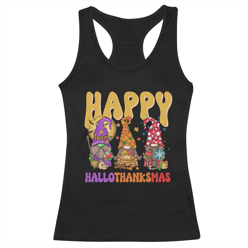 Happy HalloThanksMas Gnomes Racerback Tank Top Halloween Thanksgiving Christmas TS02 Black Print Your Wear