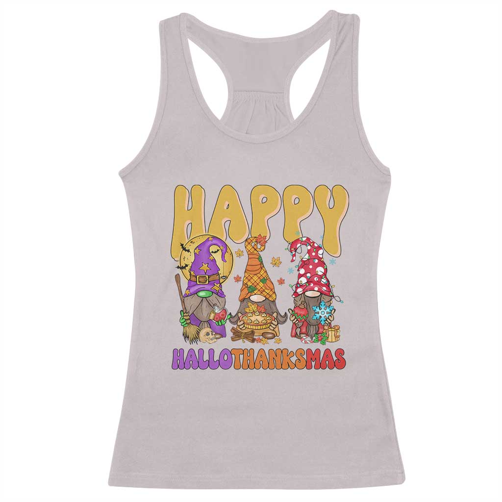 Happy HalloThanksMas Gnomes Racerback Tank Top Halloween Thanksgiving Christmas TS02 Ice Gray Print Your Wear