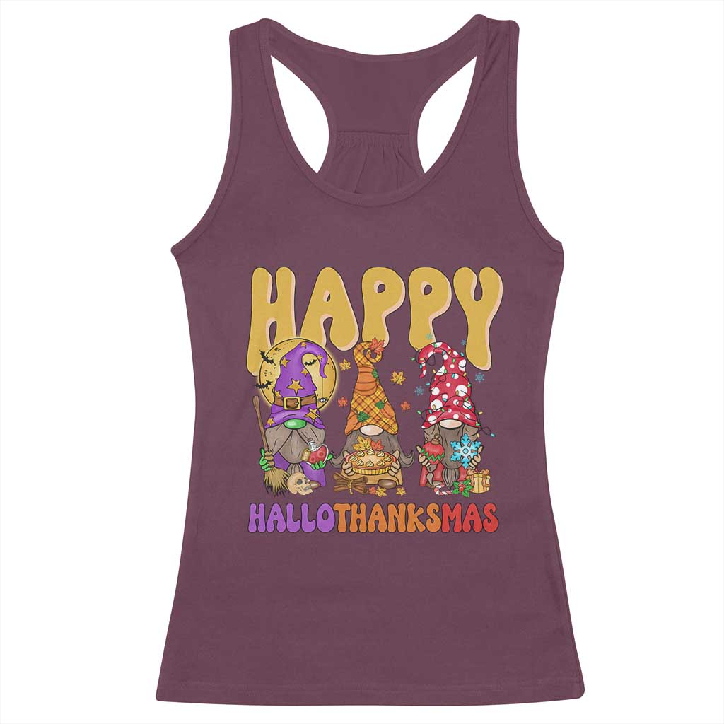 Happy HalloThanksMas Gnomes Racerback Tank Top Halloween Thanksgiving Christmas TS02 Maroon Print Your Wear